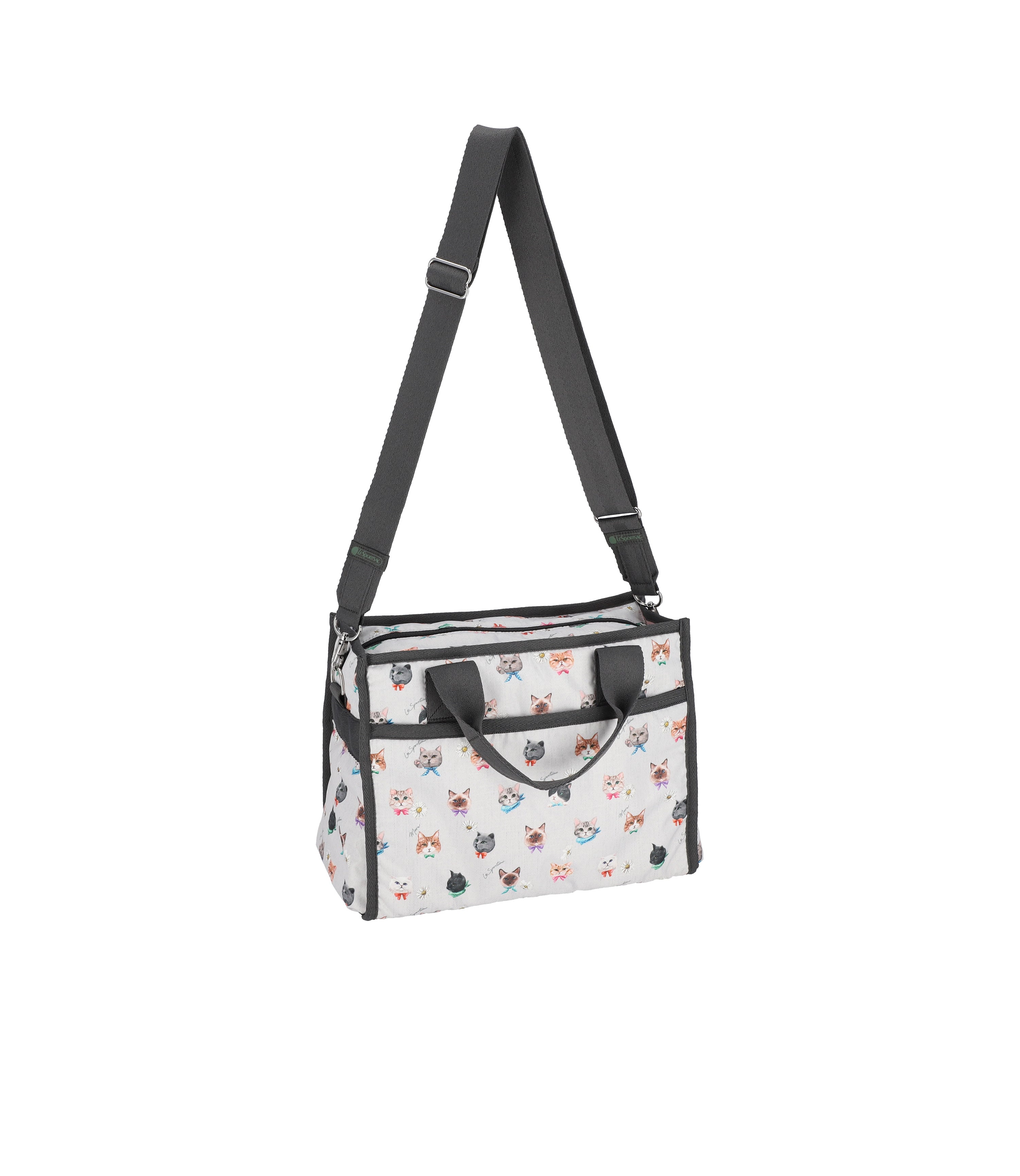 Large East/West Top Handle Tote - Playful Cats Cool Gray print