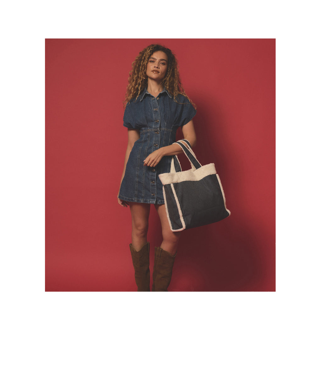 Two-Way Denim Tote - 27236777361456