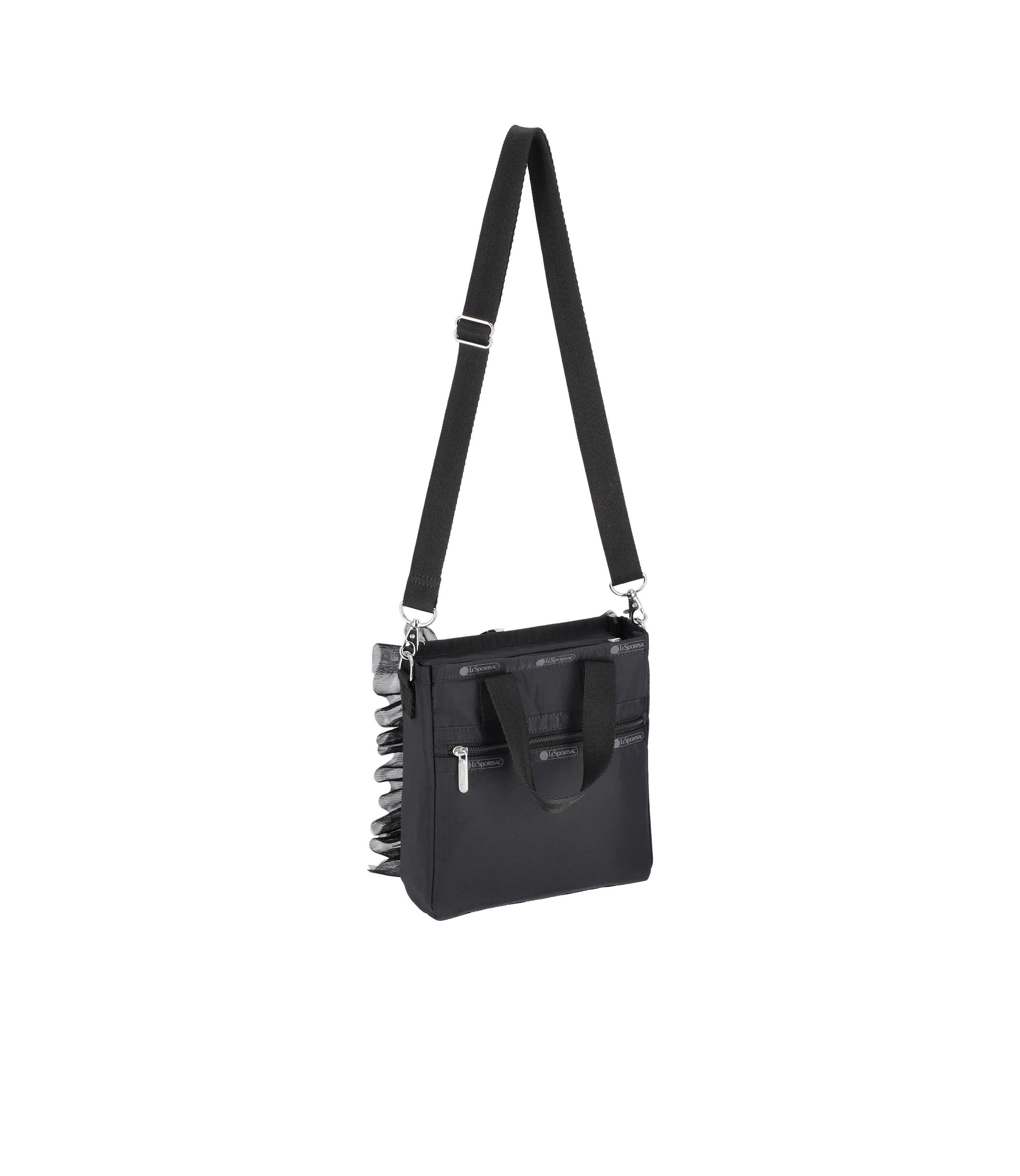 Ruffle Mini North/South Tote - Black Mesh Ruffle – LeSportsac