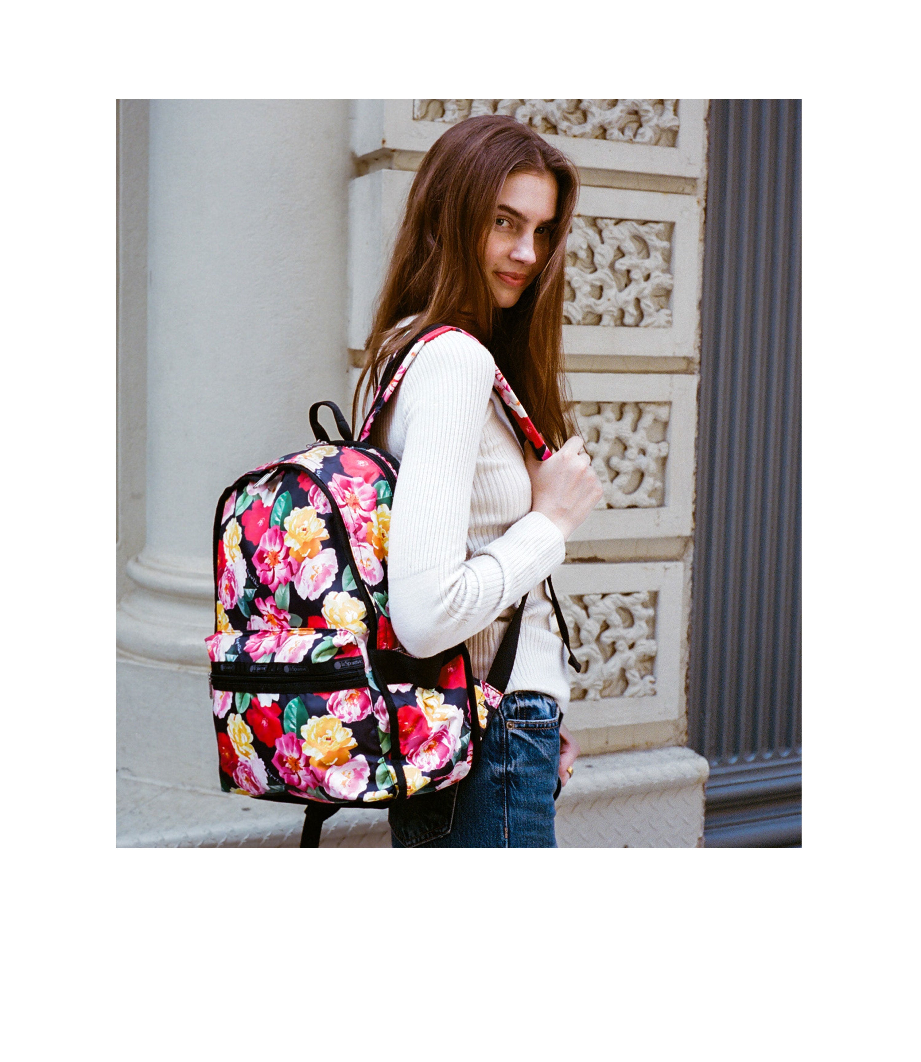 LeSportsac Floral Black and White Backpack Route Backpack - Floral Fiesta print – LeSportsac main image 2
