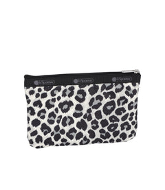 Neutral leopard print 3-Zip Cosmetic bag showcasing its compact size and multiple zippered pockets.