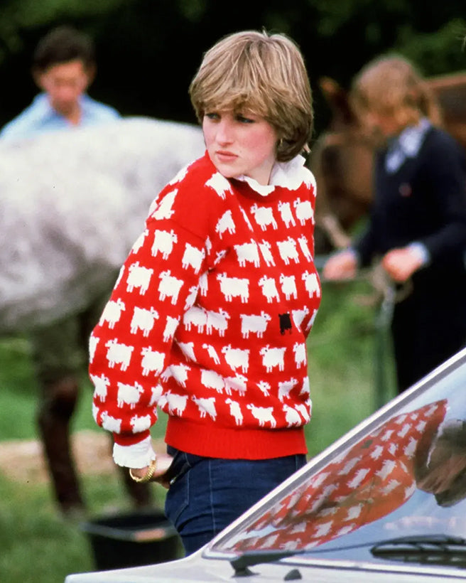 Diana, Princess of Wales wearing Black Sheep Jumper Diana, Princess of Wales (1961 - 1997) wearing 'Black sheep' wool jumper by Warm and Wonderful (Muir & Osborne) to Windsor Polo, June 1981. (Photo by Tim Graham Photo Library via Getty Images)