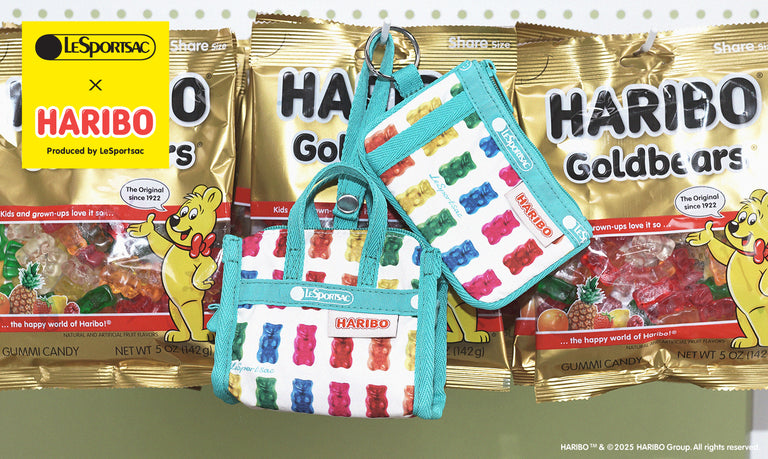LeSportsac x HARIBO collection featuring colorful gummy bear print accessories, including pouches and bags, displayed next to HARIBO Goldbears candy bags.