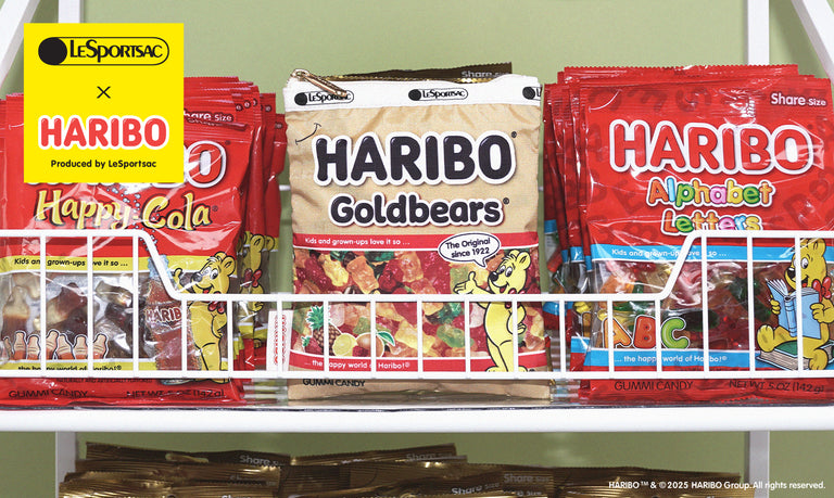 LLeSportsac x Haribo collaboration, featuring a variety of Haribo candy packs including Goldbears and Alphabet Letters, alongside a LeSportsac bag in the same pattern.