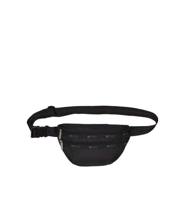Black belt bag with zip closure, adjustable strap, and front zippered pocket for hands-free storage.