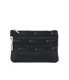 Black 3-zip cosmetic bag with compact design and durable material, perfect for organizing beauty products and travel essentials.