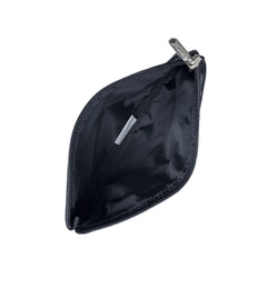 Top angle view of the black 3-zip cosmetic bag highlighting its lightweight and durable construction.